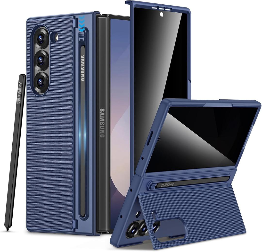 Maxdara for Samsung Z Fold 6 Case, with S Pen Slot & Privacy Tempered Glass Screen Protector & Hidden Kickstand, Support Wireless Charging Phone Cover for Galaxy Z Fold 6 5G, Blue (Privacy Screen)