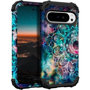 Hocase for Google Pixel 9 Pro XL Case, Shockproof Heavy Duty Protection Hard Plastic+Silicone Rubber Bumper Hybrid Protective Case for Google Pixel 9 Pro XL 6.8" 2024 - Mandala in Galaxy