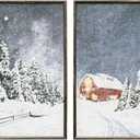 ArtbyHannah Framed Christmas Canvas Wall Art Decor Set of 2, Xmas Pictures Prints Paintings for Living Room Bedroom, Winter Holiday Home Indoor Decorations with Red House and Tree (12x16 Inch)