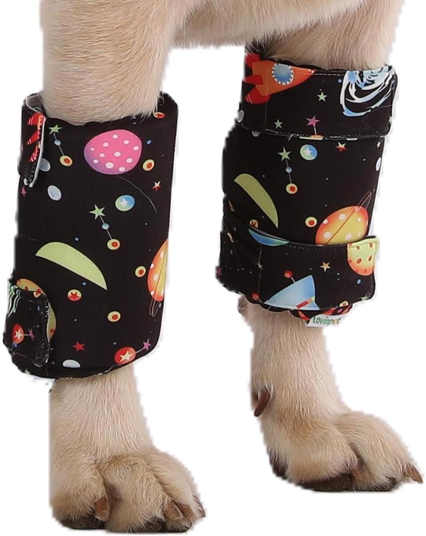 LovinPet Set of 2 Anti-Lick Leg Wraps for Front & Hind Legs, Adjustable Soft Elbow & Leg Covers for Hotspots, Wounds, Calluses, Non-Brace, Universe Print, Black