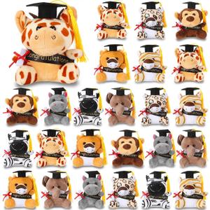 24 Pcs Mini Graduation Stuffed Forest Animals Bulk Congrats Grad Jungle Animal 4.8 Inch Lovely Toys Lion Tiger Elephant Giraffe Plush for 2026 Graduation Party Favor Decoration Classroom Exchange Gift