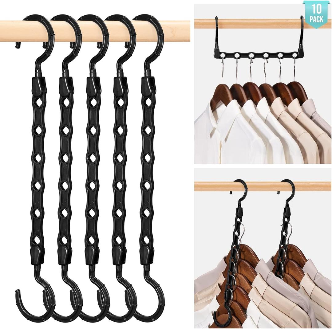 HOUSE DAY Closet Organizers and Storage, 10 Pack Magic Space Saving Hangers Clothes Hanger with 6 Holes Closet Storage for Heavy Clothes, Home & College Dorm Room Essentials for Girls Guys - Black