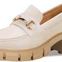 Coutgo Womens Chunky Platform Lug Sole Loafers Mid Heel Square Toe Dress Walking Work Shoes with Buckle Chain (6, Beige)