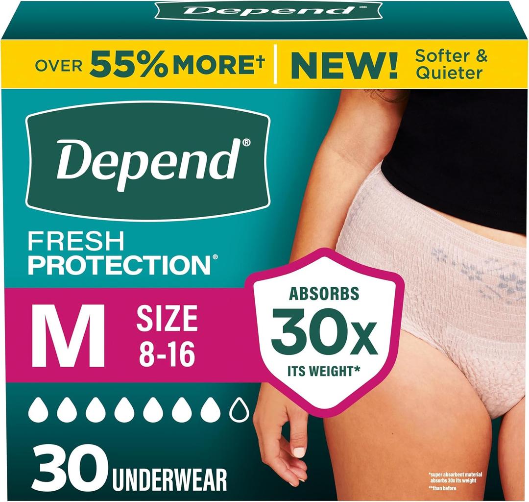 Depend Fresh Protection Adult Diapers, Incontinence Underwear for Women, Disposable, Maximum, Medium, Blush, 30 Count