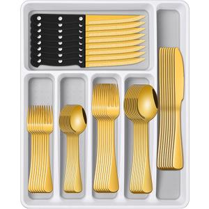 Gold 49 Pieces Stainless Steel Flatware Sets With Organizer,Golden Silverware Sets With Steak Knives Service For 8,Durable Knife And Fork Spoon Sets For Home Kitchen