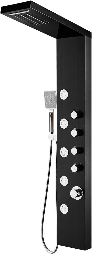 ROVOGO Shower Panel Tower System with Rainfall Waterfall Shower, 5 Body Jets and 3-Setting Handheld, 304 Stainless Steel Shower Column Wall-Mount, Black