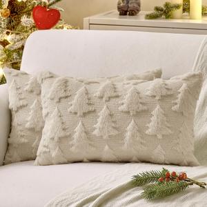 MIULEE Christmas Throw Pillow Covers Beige Christmas Decorations Set of 2 Xmas Tree 12x20 Pillow Covers Soft Plush Faux Wool Pillowcases Holiday Festivals Winter Home Decor Sofa Couch Bed Porch