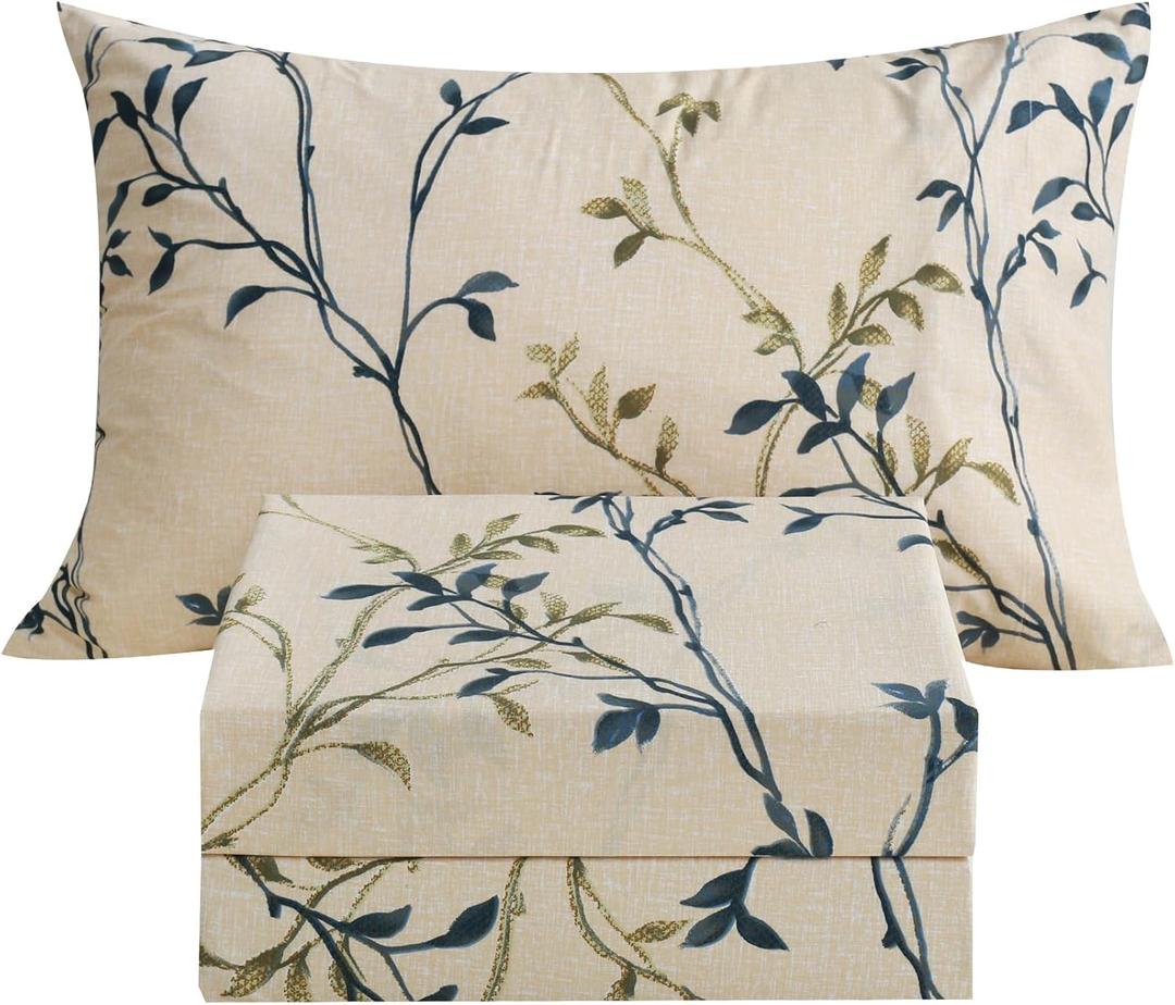 JSD Beige Leaves Print Sheet Set Twin Size, 3 Piece Soft Botanical Microfiber Sheets Extra Deep Pocket