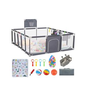 Baby playpen, 79"x71"Baby Playpen with Mat IndoorOutdoor Playpen for Babies and Toddlers with Breathable Play Pen with Ocean Balls Hanging Pocket Basketball Hoop (Gray)