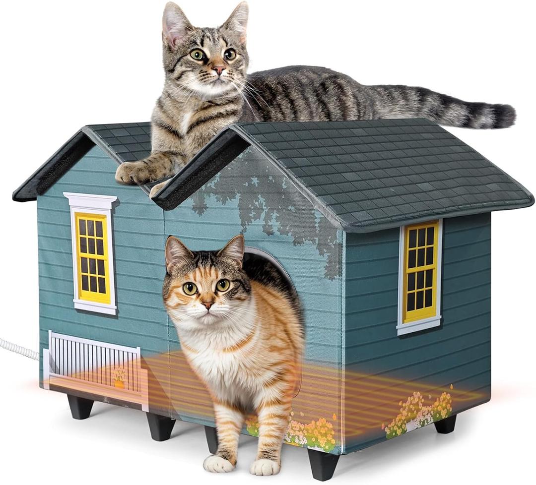 Heated Cat Houses for Indoor/Outdoor Cats with Elevated Heated Cat Bed Providing Safe Feral Cats, Easy to Assemble