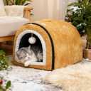 Heated Cat Bed Indoor, 2 in 1 Heated Cat Cave Bed with Temp Adjustable and Timer, Foldable cat cave, Anti-Slip & Water-Resistant Bottom, Warming Cat Bed Thermo-Pet Nest for Indoor Cats (Yellow)