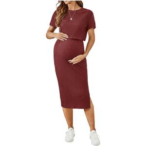 SHENHE Women's Maternity Ribbed 2 Piece Outfits Short Sleeve Crop Top Bodycon Slit Midi Skirt Set (Red, M)
