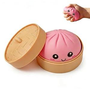 Giant Dumpling Squishy Stress Relief Desk Fidget , Jumbo Soft Squeeze Decompression Squishy with Steamer Box, Funny Office Desk Decor & Relaxation Gift, Easter Basket Stuffers(Pink Cute Face)