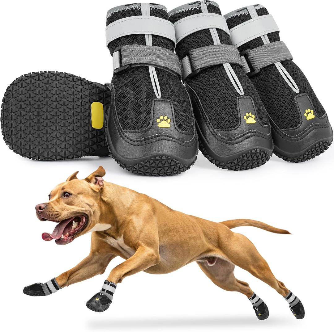 LUCKYPAW Dog Shoes for Large Medium Dogs, Breathable Dog Boots for Hot Pavement, Paw Protectors for Summer Walking Hiking Winter Snow Outdoor, No Slip Reflective Booties for Hardwood Floor-Black, 8