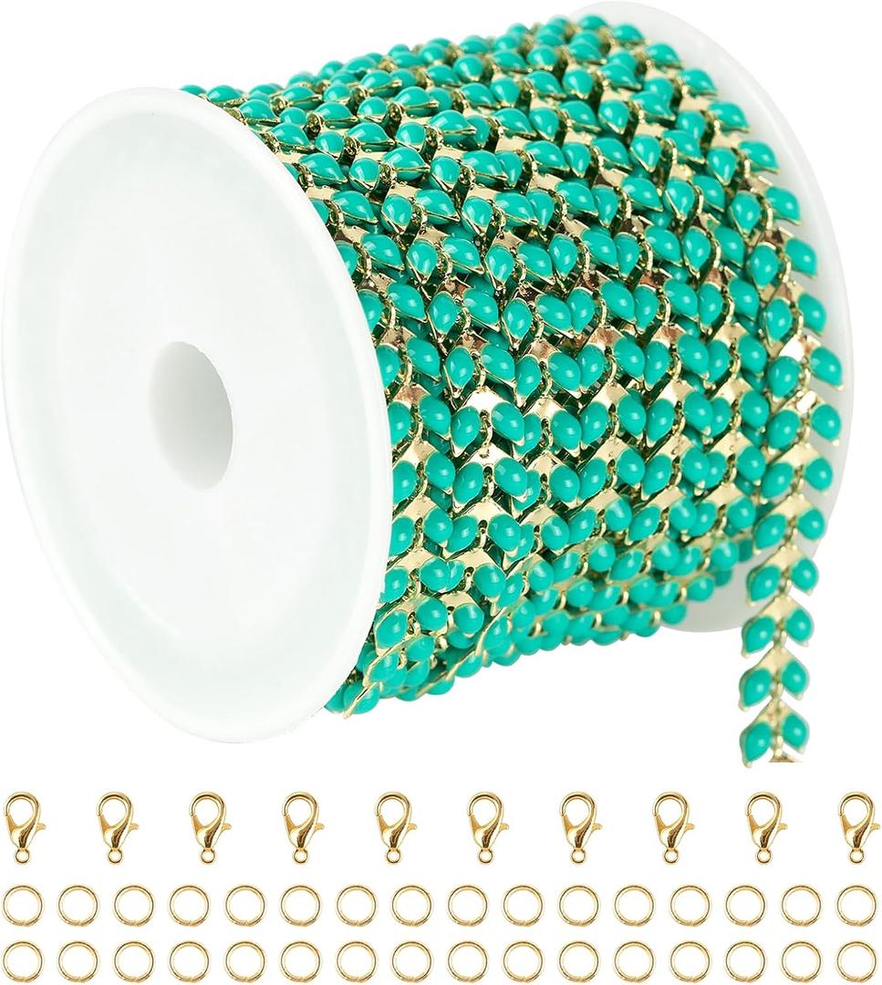 YOUBEIYEE 9.8 Feet Gold Plated Brass Chains Bulk Bluish Green Enamel Arrow Cable Jewelry Chain with Jump Rings and Lobster Clasps