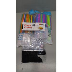 Set of Straws (200) and Plastic Cutlery (16 spoons, 16 forks, 16 knives)