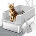 Stainless Steel Litter Box, Extra Large Litter Boxes for Big Cats, XLarge Metal Cat Litter Box with Lid, Anti-Urine Leakage XL Box with High Sides, Easy Clean, Non-Sticky, Scoop Included (Silver Grey)