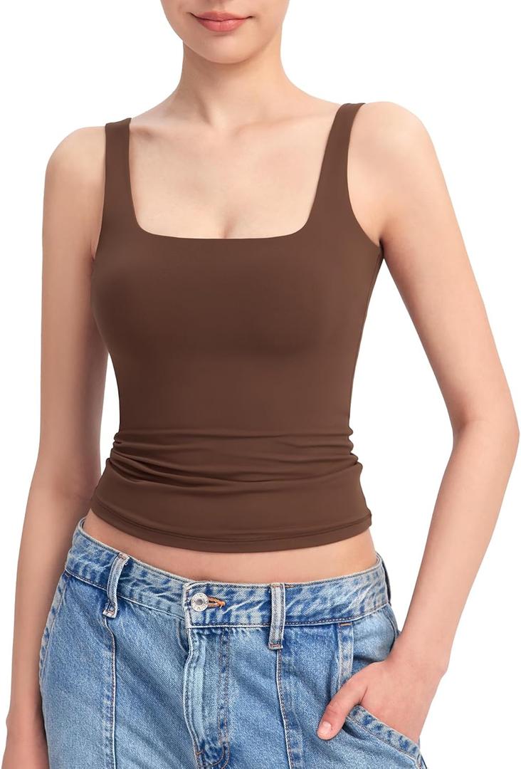 PUMIEY Women's Square Neck Tank Top Sleeveless Double Lined Basic Tops Sharp Collection (Chocolate)