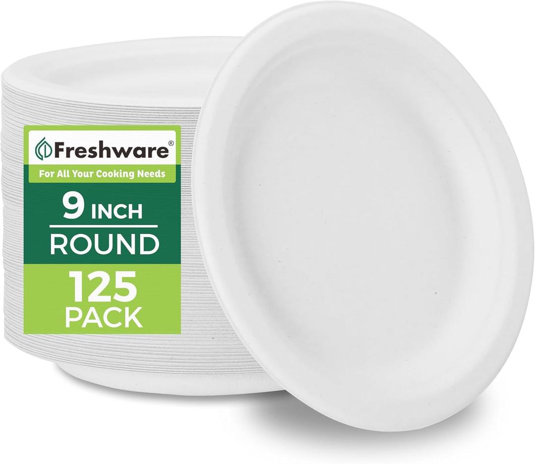 Freshware Paper Plates - Disposable 9" Plate, 125-Pack Biodegradable Sugarcane Fiber Dinner Plates - Heavy Duty Dinnerware for Hot Food - Microwave & Freezer Safe, Stackable Dinnerware (Natural)