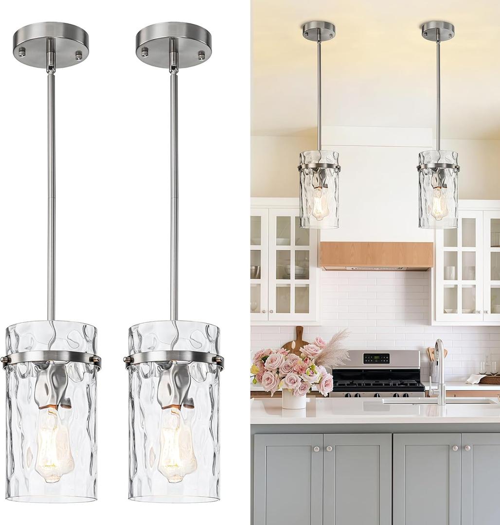 5.5" Brush Nickel Hammered Glass Pendant Light Fixtures, Brushed Nickel Kitchen Pendant Lights, Modern Kitchen Island Light Dining Room Light Farmhouse Island Lights Sink 2 Pack