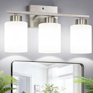 Brushed Nickel Bathroom Light Fixtures with Milk Glass Shades, Eye-Friendly 3 Light Vanity Lights for Bathroom, Vanity Lights with E26 Socket (Bulbs Not Included), for Mirror, Bedroom, Hallway
