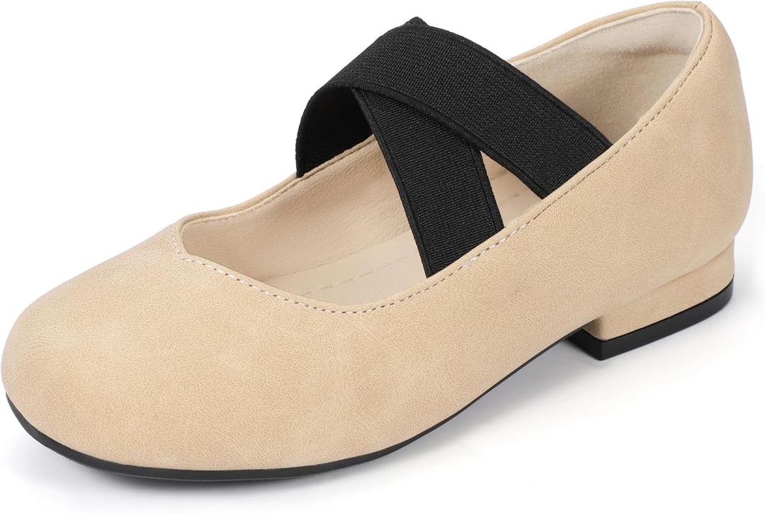 PANDANINJIA Girls Dress Shoes Ballet Flats Mary Jane Elastic Cross Strap Little Big Kid Low Heels Flower Girl Shoes (10 Toddler, Nude Nubuck)