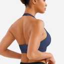 YEOREO LuxFlow Cross Over Workout Halter Sports Bra for Women Backless Gym Bra Padded (Blue, M)