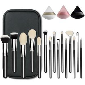 Professional Natural Travel Goat Hair Makeup Brushes with case, 15Pcs Kabuki Face Powder & Eye Makeup Brush set With Ultra Soft Premium Dense Hair, Valentines Day Gifts (Black)