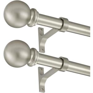 Curtain Rods 2 Pack, Brushed Nickel Curtain Rods for Window 72-144 Inch, Decorative Curtain Rod with Ball Finials, 1 Inch Diameter Heavy Duty Curtain Rod, Adjustable Single Drapery Rod Brushed Nickel