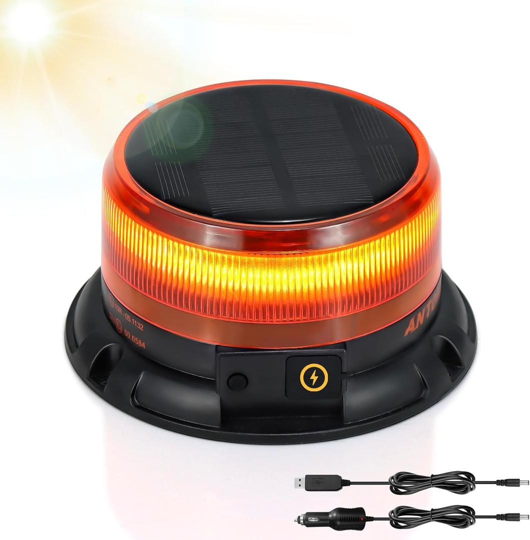 AnTom Solar LED Amber Strobe Light, Rechargeable 360 Flashing Warning Beacon Light with 9 Modes, Magnetic Base Waterproof for Vehicles, Trucks, and Outdoor Emergencies