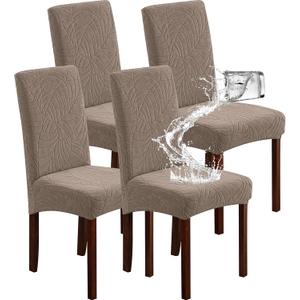 Genina 100% Waterproof Chair Covers for Dining Room Set of 4, Large Dining Room Chair Covers Protectors Stretch Kitchen Parson Chair Slipcovers for Home, Restaurant (Large, Leaves-Taupe)