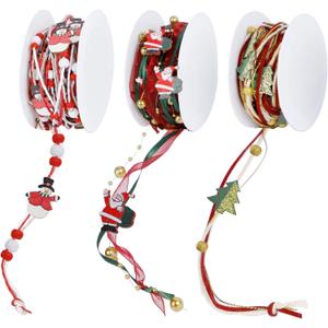 winemana 3 Pack 16.4 Ft Christmas Beads Ribbon, Christmas Tree Trim Rope with Santa Claus Snowman, Xmas Decorations for Garland, Wreath, Gift Wrapping, DIY Crafts Ornaments, Wedding Party Decor