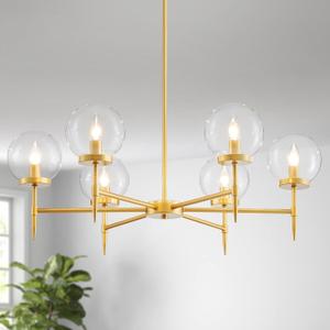 6-Light Golden Glass Bubble Chandelier, Mid-Century Modern Design for Dining Room, Gold Pendant Lighting Fixure for Kitchen, Living Room, Bedroom, 6*E12 Socket, D33.5 inch*H21~50 inch, Large