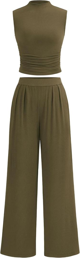 PRETTYGARDEN 2 Piece Sets for Women Summer 2025 Airport Travel Outfits Crop Tank Tops Wide Leg Pants Matching Lounge Sets (Green, XXL)