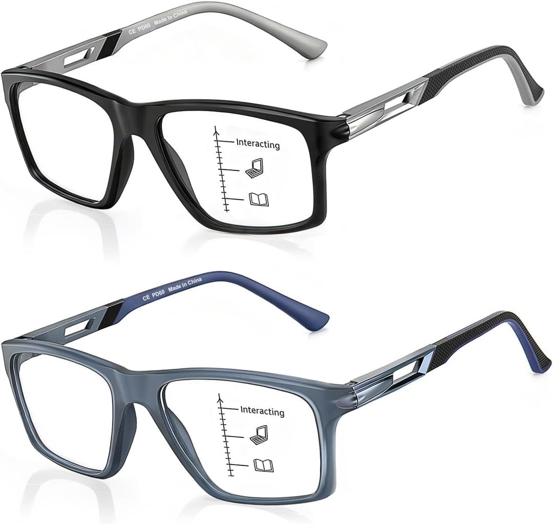 CARA Progressive Multifocus Reading Glasses for Men No-Line Blue Light Blocking Computer Readers With Aluminum Temples, 2.00x