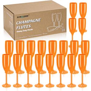 XUWAIDSGN Acrylic Champagne Flutes Toasting Glasses Unbreakable Mimosa Bar Reusable Wine Glasses Vintage Champagne Flutes Stemmed Drinking Cups 5.4 OZ for Christmas Birthday (24, Orange)