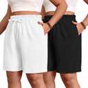 2 Pack Women's Casual Linen Shorts Bermuda Plus Size L-5xl Knee Length High Waist Summer Shorts with Pockets, 3XL 