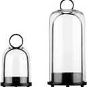 5" & 4" Wide Versatile Metal Candle Holder in Black with Handmade Thick, Heavy & Sturdy Glass Dome for Pillar Candle, Industrial, Modern, Shelf, Mantel, Veranda, Porch (Black, Large & Small)