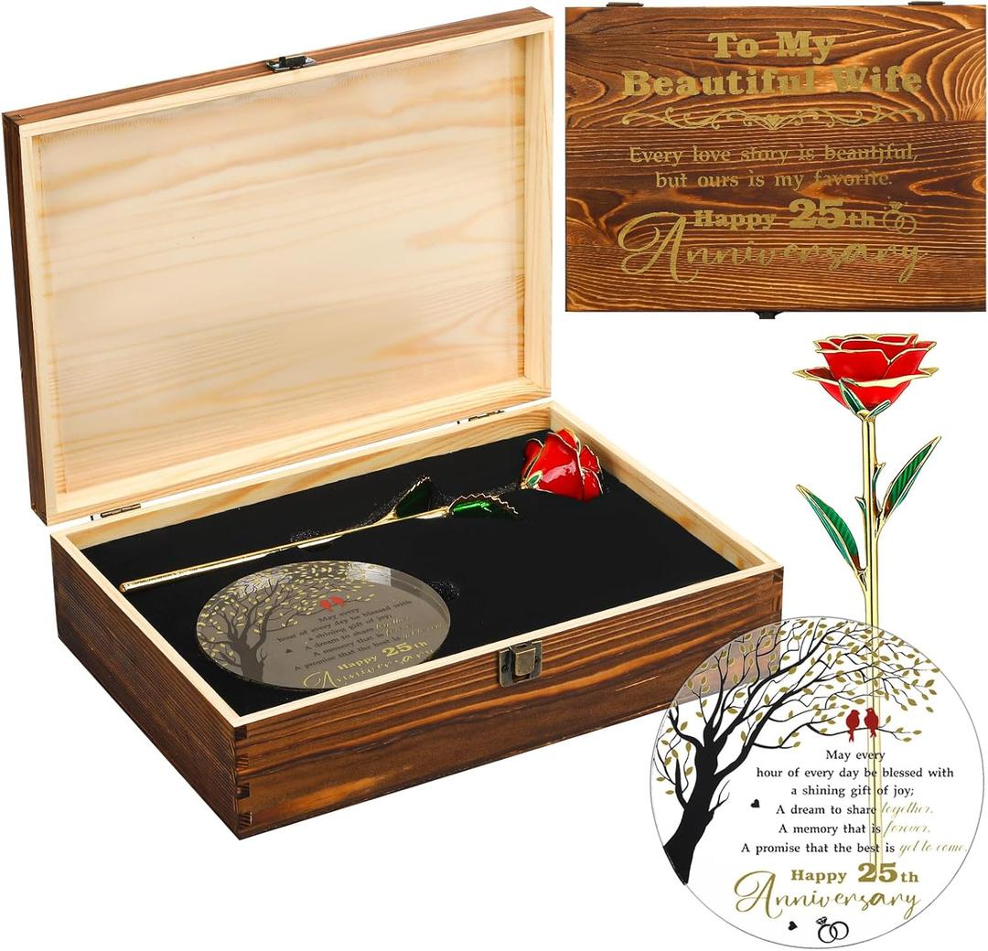 25th Anniversary Wedding Gift Set for Wife Engraved Wooden Gift Box Set 'to My Beautiful Wife' Includes 24k Gold Dipped Rose Acrylic Decoration for Wife Women Birthday Wedding Souvenir