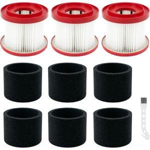 3 Pack 49-90-1900 Wet Dry Vacuum Filter Replacement Compatible with Milwaukee Shop Vac Filter, M18 Vacuum Filter, 0780-20 0880-20, with 6 Foam Sleeve Filters and 1 Cleaning Brush