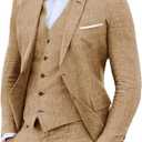 Linen Suit 3 Pieces Vintage Retro Wedding Prom Suits Slim Fit Jacket Blazer Groom Tuxedos (Medium, Khaki)