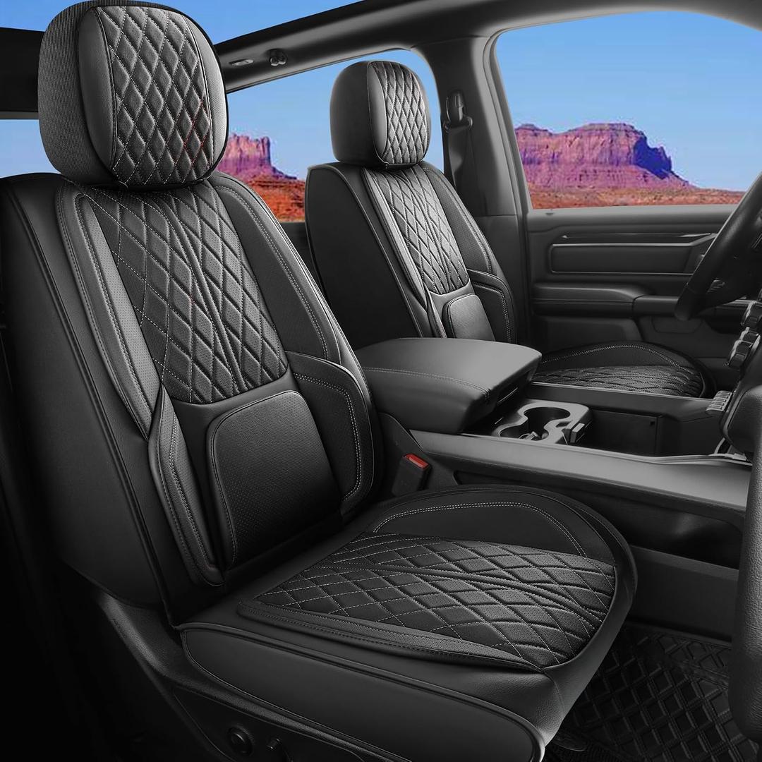 Custom Fit Chevy Silverado GMC Sierra 1500 2007-2025 2500/3500 HD Crew Cab Full Set Car Seat Covers - 5 Pack, Premium Faux Leather Truck Seat Protector with Airbag Compatible Design, Black