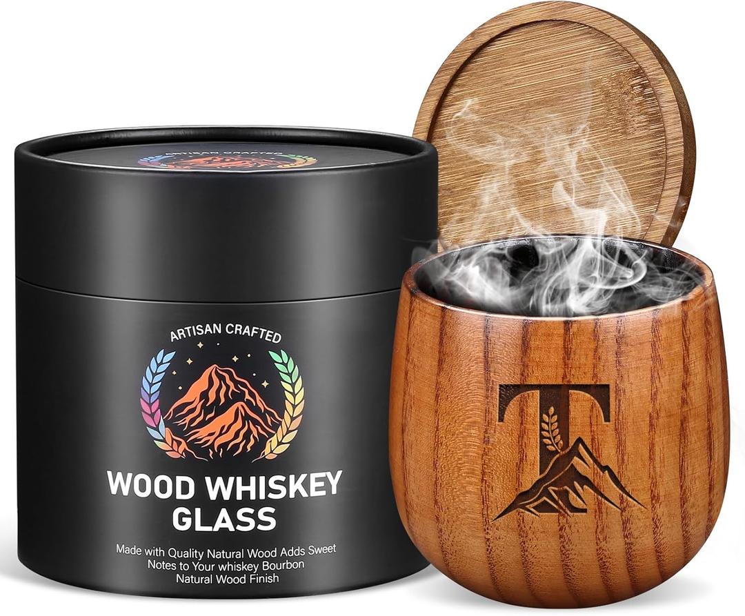 Charred Wooden Whiskey Glasses Personalized Bourbon Drinking Glass Ideas Gifts for Men Husband, Dad, Brother, Whiskey Lovers Birthday Insulated Old Fashioned Glass Whiskey Tumbler T