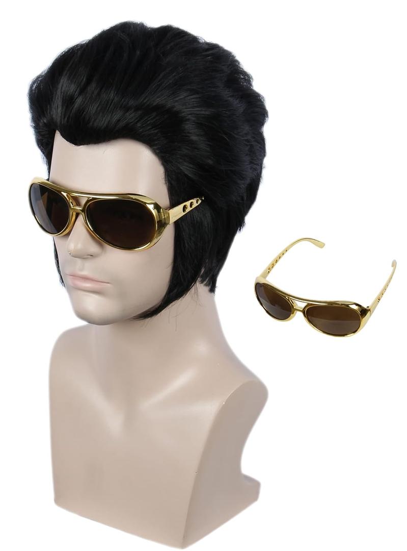 Linfairy Short Slicked Back Black Wig with Glasses Halloween Cosplay Costume Wigs for Men