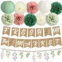 Mooliwe 14 Pcs Bridal Shower Decorations Sage Green Bachelorette Party Decorations Fresh off the Market Banner Wildflower Garland Paper Lanterns for Wedding Bachelorette Engagement Party Supplies
