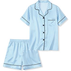 Kids Satin Pajamas Set, 2 Pieces Silky Pjs Short Sleeve & Pants Sleepwear Loungewear Button Down Pjs Set for Boys and Girls Blue Striped