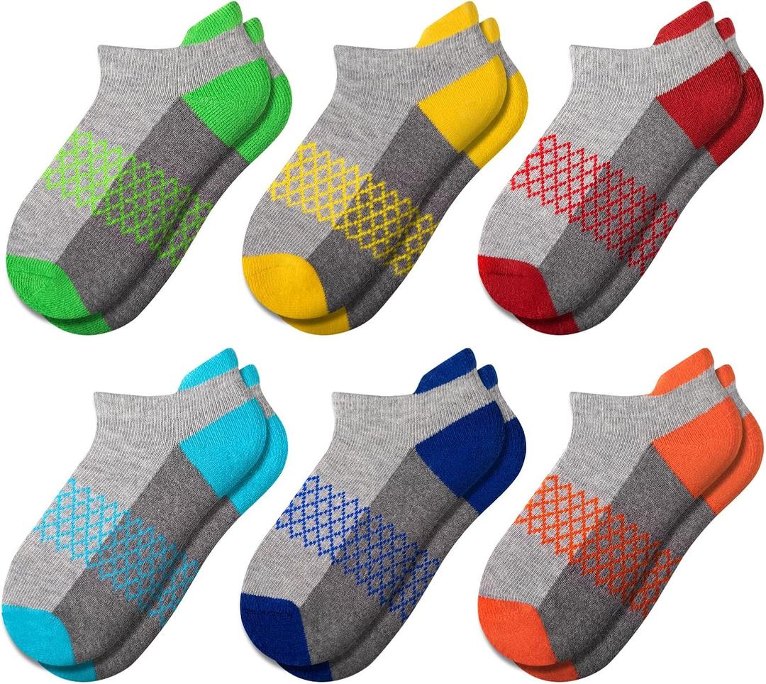 Comfoex Boys Socks 6 Pairs Ankle Athletic Sock Half Cushioned Low Cut Socks For Little Big Kids (4-7 Years)