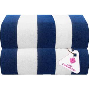CASA COPENHAGEN Cabana Towels 2Pcs Cobalt Blue Designer Stripe Beach Bathsheet Towels Gift Set, 35"x70" Oversized 100% Cotton Pool Bath Sheet Gift Set (Perfect Summer Gift Set for Women & Men)