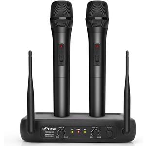 Pyle Dual Channel Microphone System-VHF Fixed Dual Frequency Wireless Set with 2 Handheld Dynamic Transmitter Mics, Receiver Base-for PA, Karaoke, Dj Party (PDWM2135) , Black