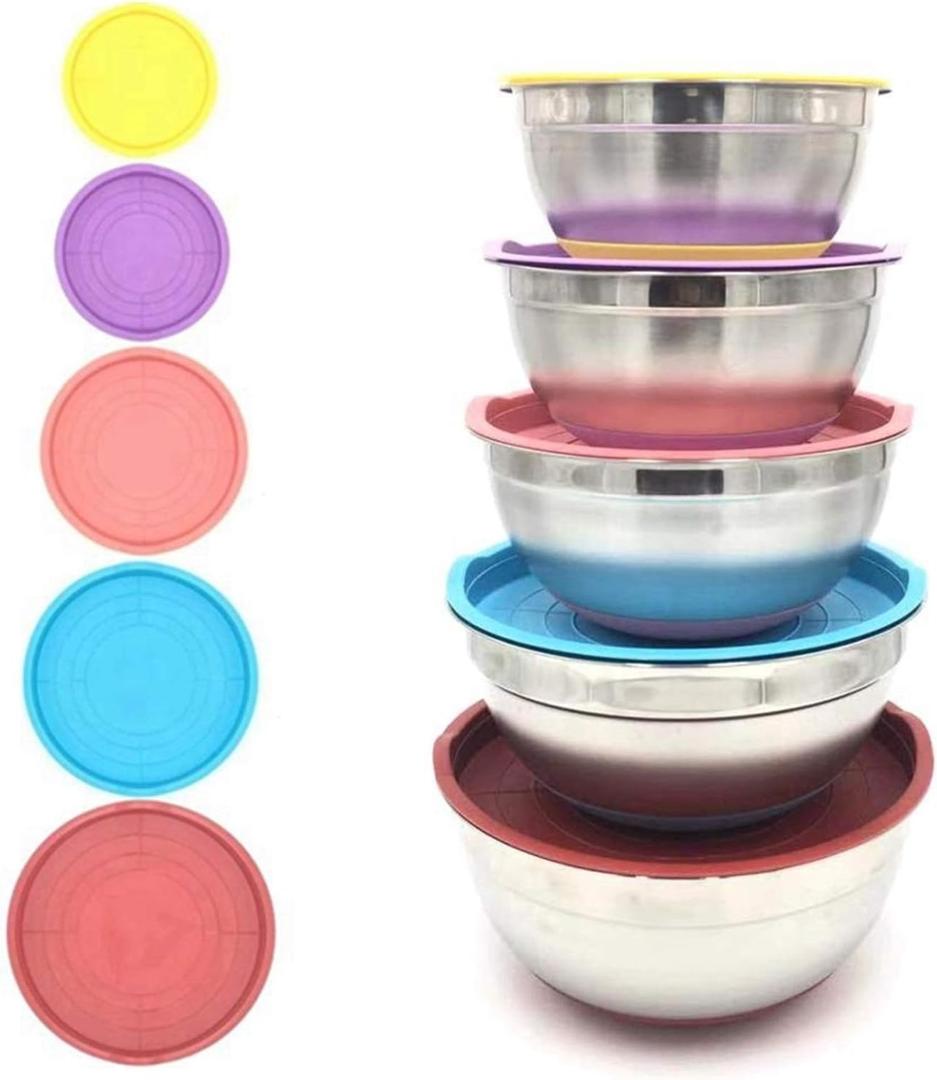 Stainless Steel Mixing Bowl With Lid Kitchen Egg Mixer Salad Bowls Non-slip Silicone Bottom Food Storage Bowl Set (Color : 22 24 26 28 30cm Set)